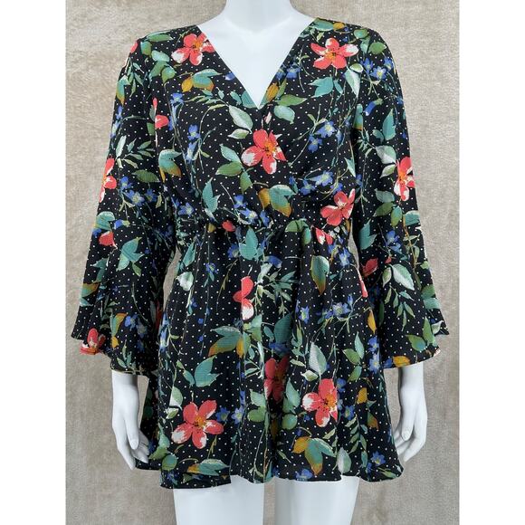 Kiyonna‎ Top Womens 1X Black Floral Bell Sleeves V-Neck Polka Dot Romantic Boho - Picture 1 of 10